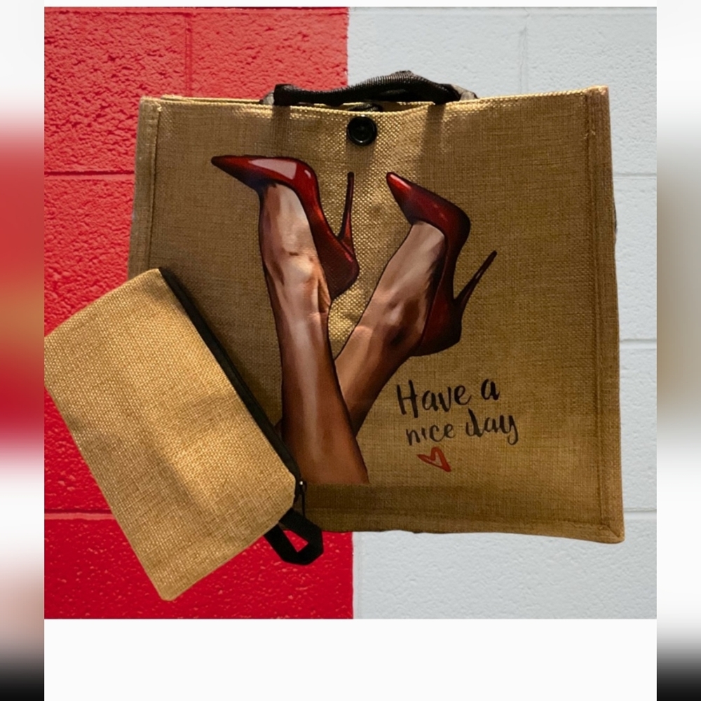 Burlap boutique Have a Nice Day tote with wristlet. - Picture 1 of 4